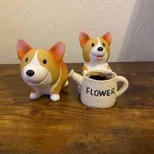 ROOGO Cute Corgi Figurines with Watering Can Plant Pot Set of 2